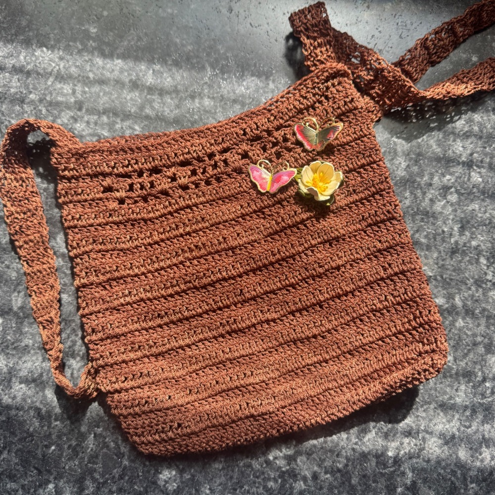 Brown Crochet Crossbody Bag with Butterfly and Flower Pins Boho‎ Bag Cottagecore